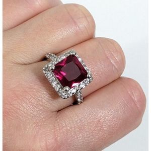 Size 9.25 - Pink Red Cubic Zirconia Square Cocktail Ring - Simulated gemstone